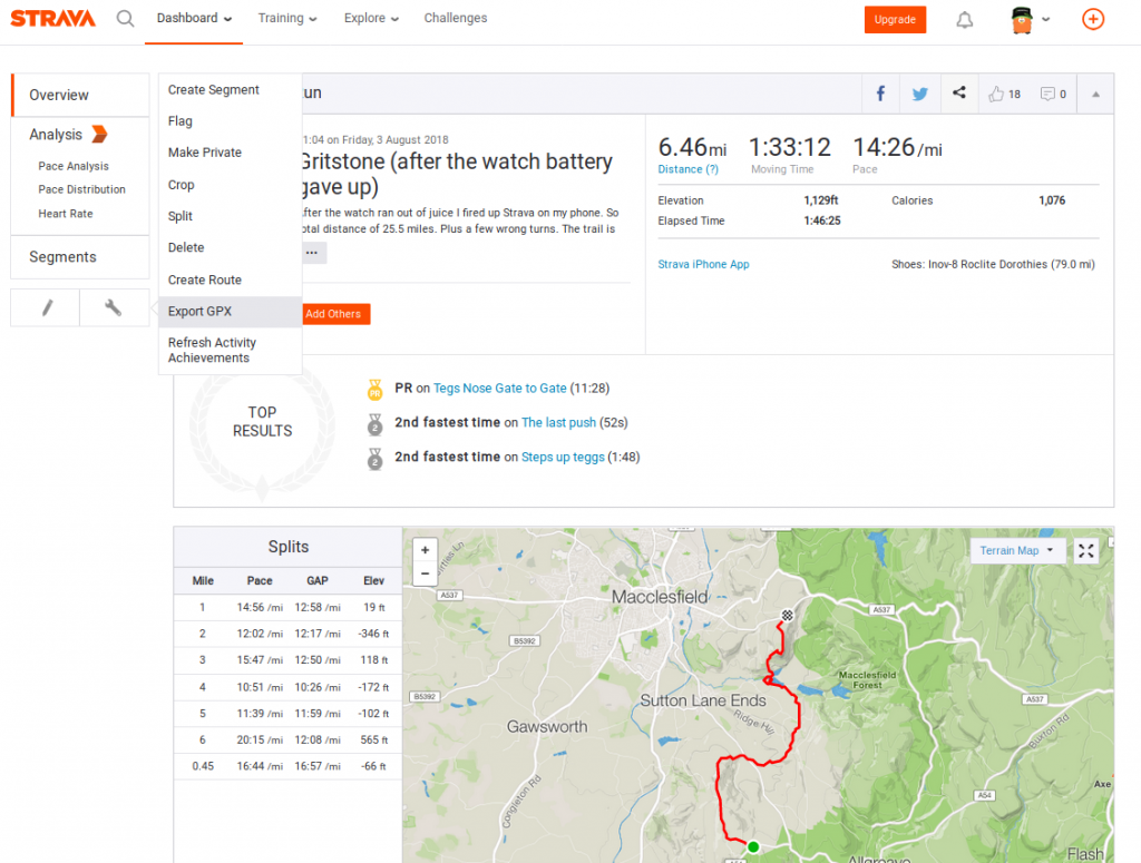 Exporting a GPX trace from Strava