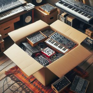 a cardboard box of synthesisers